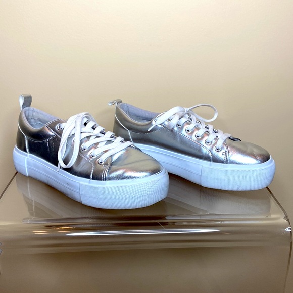 Silver H&M sneakers size 7, worn once, white laces and platform, super fun! - Picture 2 of 6